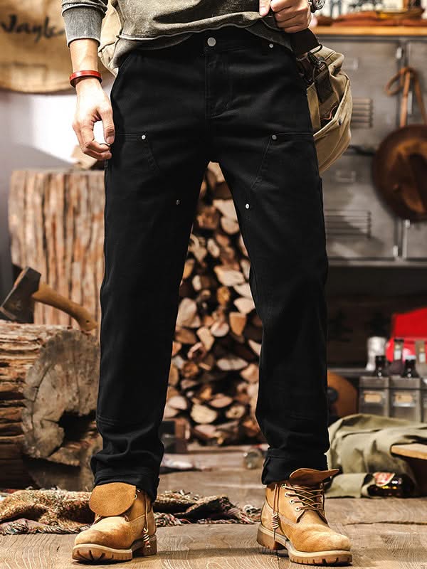 Black straight-leg utility work pants with button fly and side pockets
