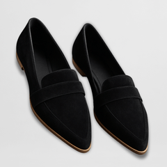 Soft suede loafers, black slip-on design with low profile sole edge