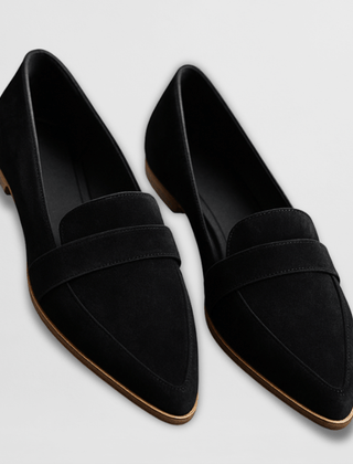 Soft suede loafers, black slip-on design with low profile sole edge
