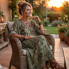 Green embroidered midi dress with button front, oversized pockets, and flowing hem