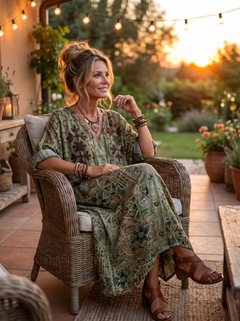 Green embroidered midi dress with button front, oversized pockets, and flowing hem