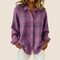 Purple plaid button-up cardigan with front buttons and long sleeves