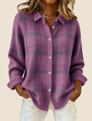 Purple plaid button-up cardigan with front buttons and long sleeves