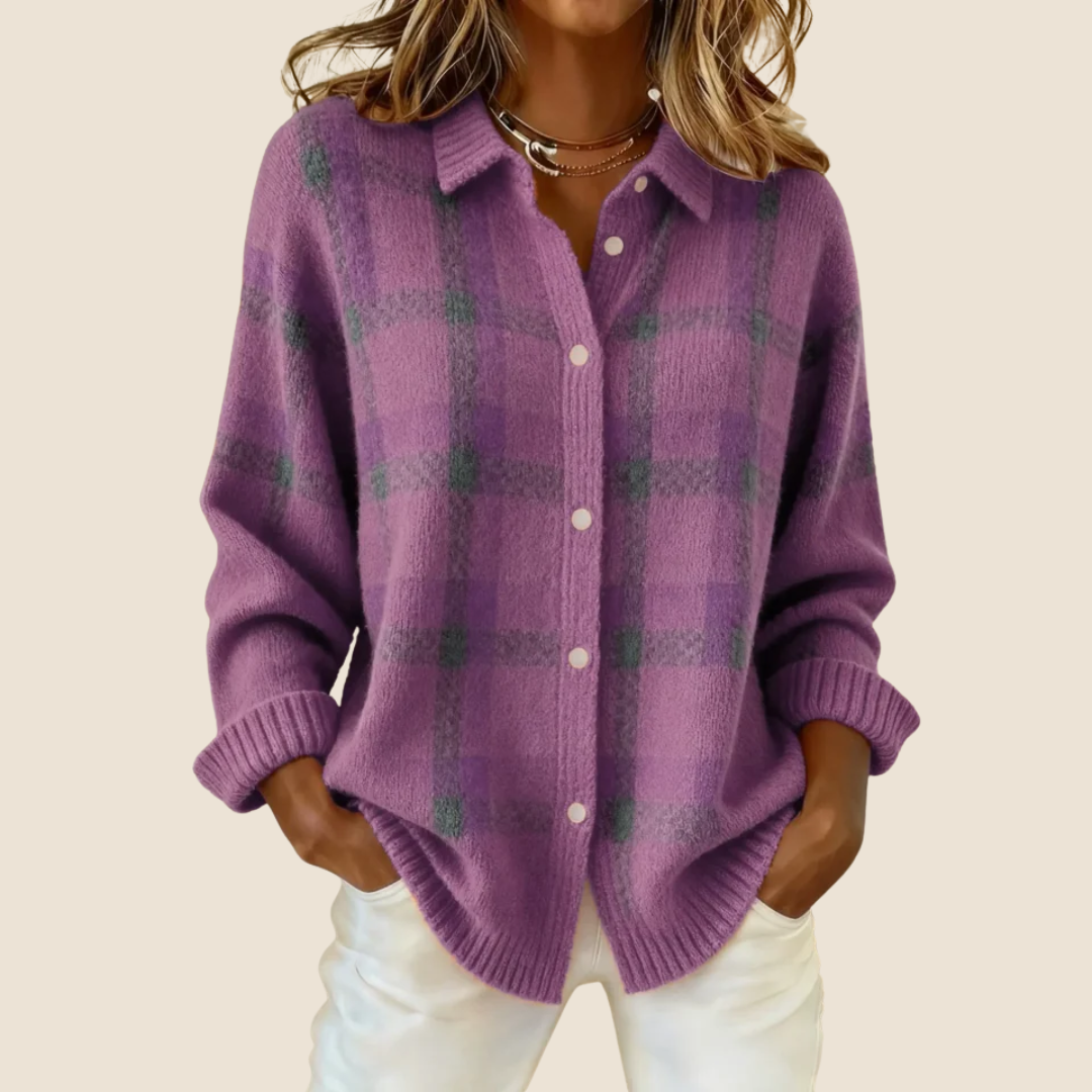 Purple plaid button-up cardigan with front buttons and long sleeves