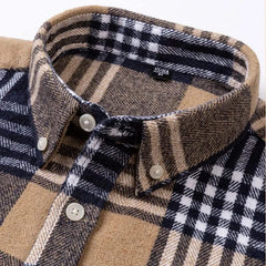 Plaid cotton flannel shirt collar close-up in tan, navy, and white