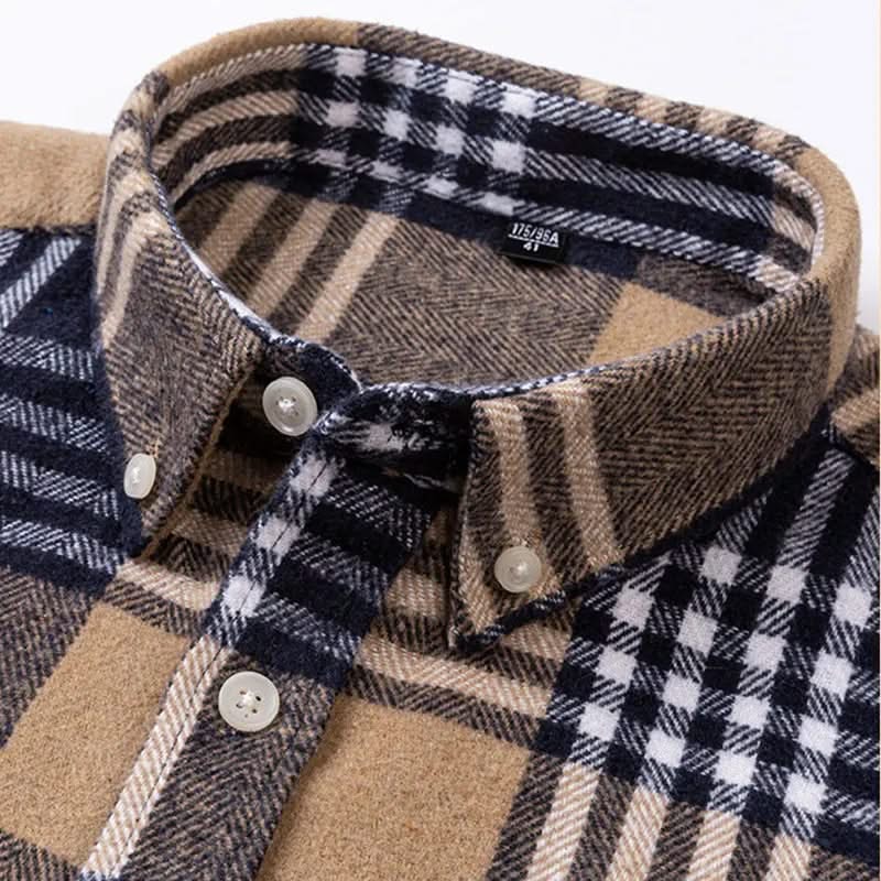 Plaid cotton flannel shirt collar close-up in tan, navy, and white