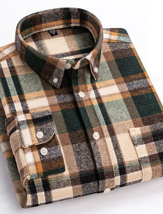 Plaid cotton flannel shirt in brown and green with button front and chest pocket