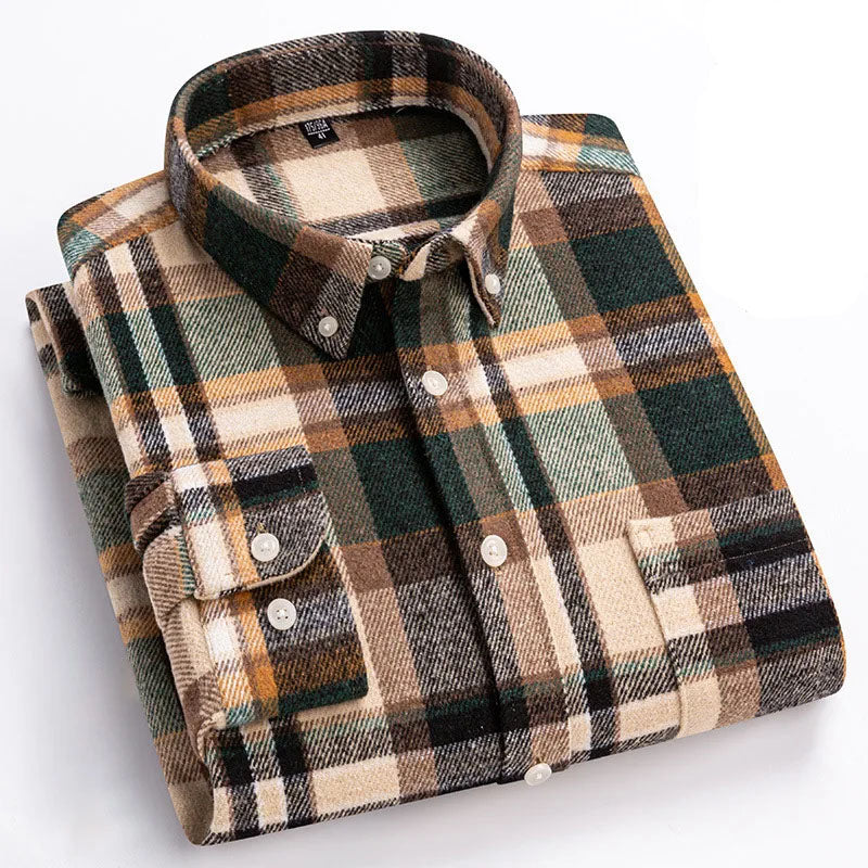 Plaid cotton flannel shirt in brown and green with button front and chest pocket