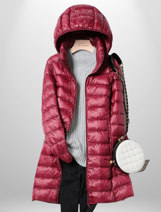 Burgundy hooded ultralight puffer down jacket with full-length zip and long coat hem.