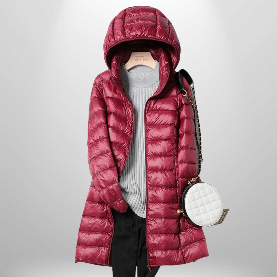 Burgundy hooded ultralight puffer down jacket with full-length zip and long coat hem.