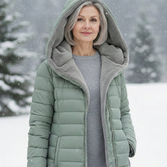 Light green fleece-lined puffer coat with gray hood lining and zip front