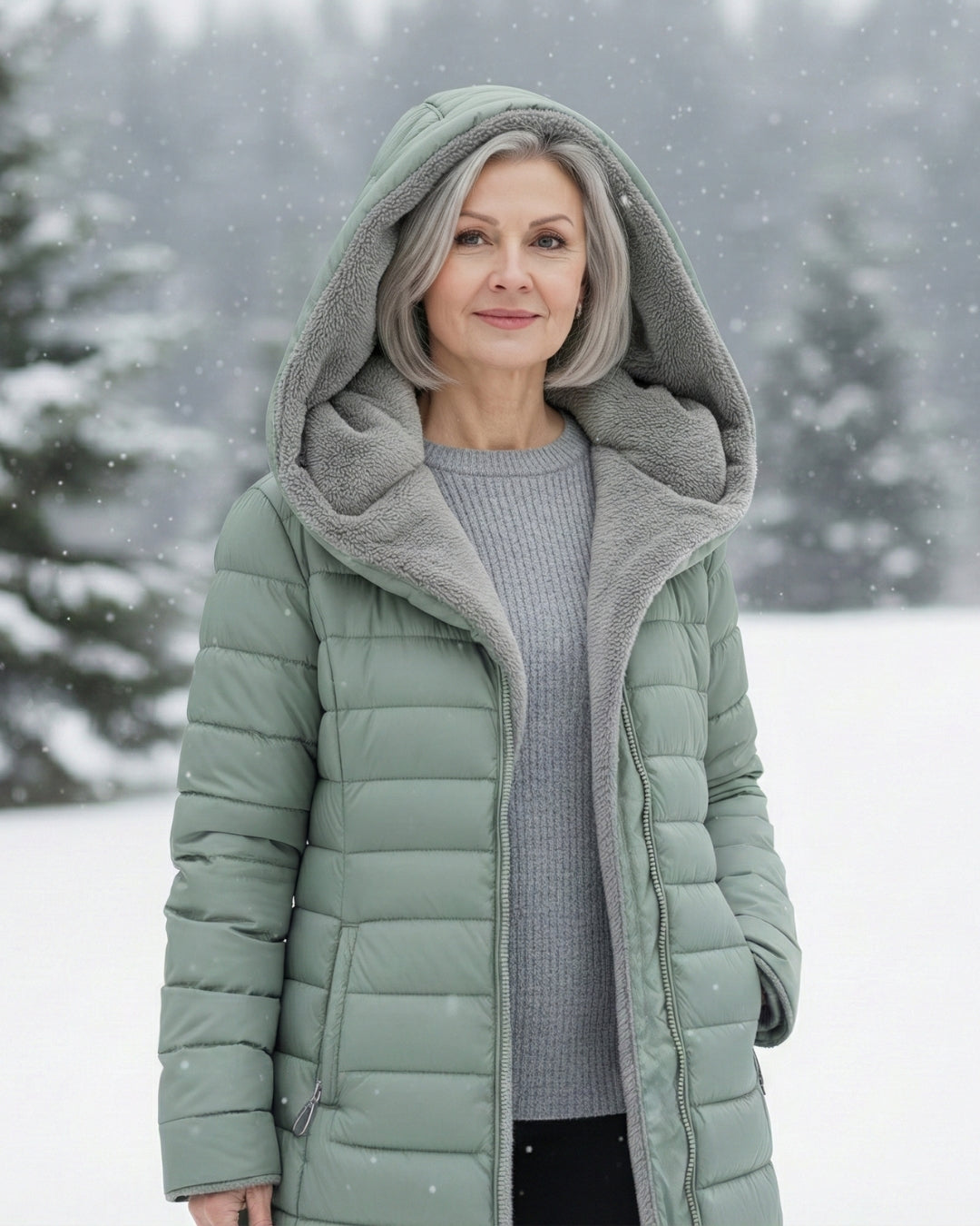 Light green fleece-lined puffer coat with gray hood lining and zip front