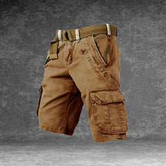 DUNMERE utility shorts in caramel brown with cargo side pockets and logo patch