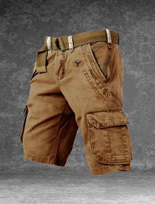 DUNMERE utility shorts in caramel brown with cargo side pockets and logo patch