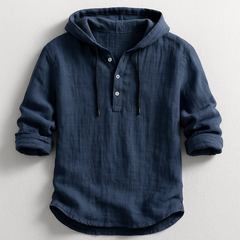 Navy hoodie shirt with hood drawstrings and button henley placket, rolled 3/4 sleeves.