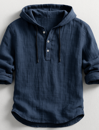 Navy hoodie shirt with hood drawstrings and button henley placket, rolled 3/4 sleeves.