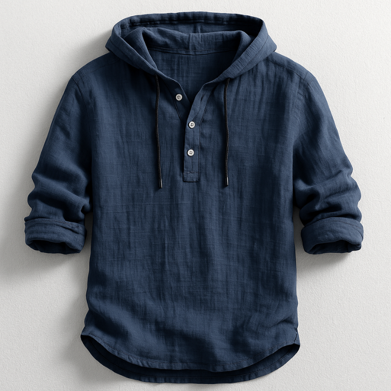 Navy hoodie shirt with hood drawstrings and button henley placket, rolled 3/4 sleeves.