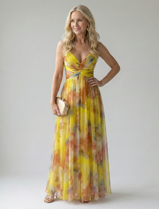 Yellow multicolor maxi wrap dress with V-neck, sleeveless cut, and twisted waist tie.