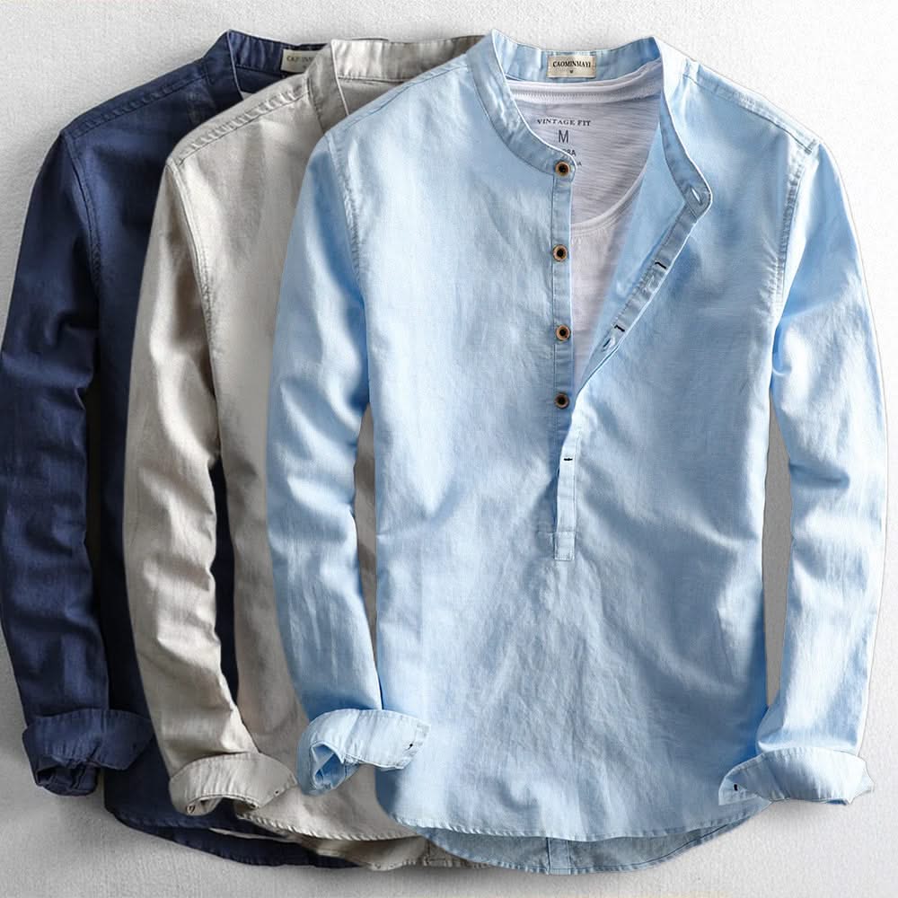 Corden linen shirt assortment in blue, navy, and beige, long-sleeve button-front henley