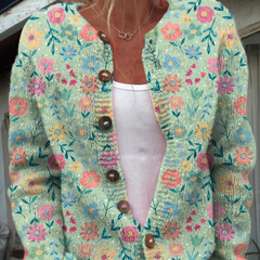Women's vintage cardigan sweater, teal floral print with brown button front and V-neck