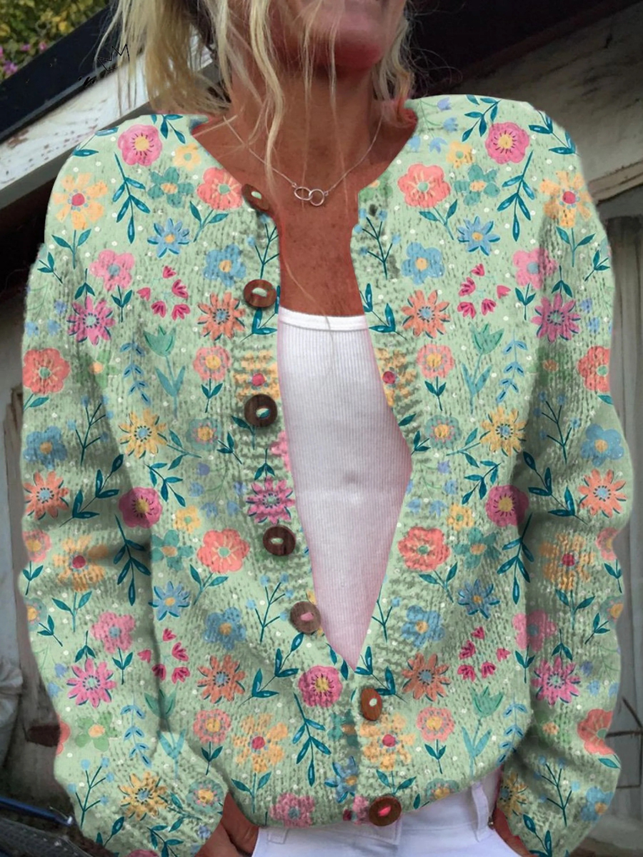 Women's vintage cardigan sweater, teal floral print with brown button front and V-neck