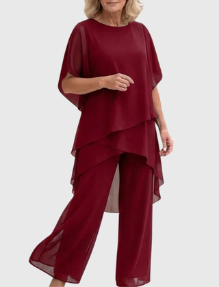 Elara elegant palazzo set in burgundy: layered blouse with cape sleeves and wide-leg pants