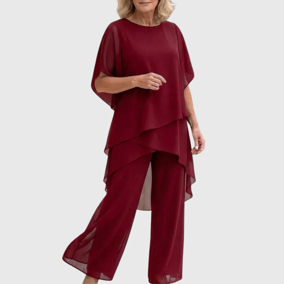 Elara elegant palazzo set in burgundy: layered blouse with cape sleeves and wide-leg pants