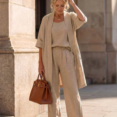 Light khaki 3-piece outfit set: scoop tank, wide-leg pants, and open kimono cardigan