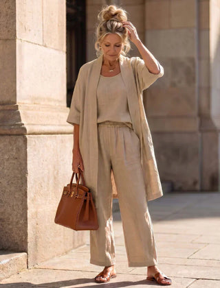 Light khaki 3-piece outfit set: scoop tank, wide-leg pants, and open kimono cardigan