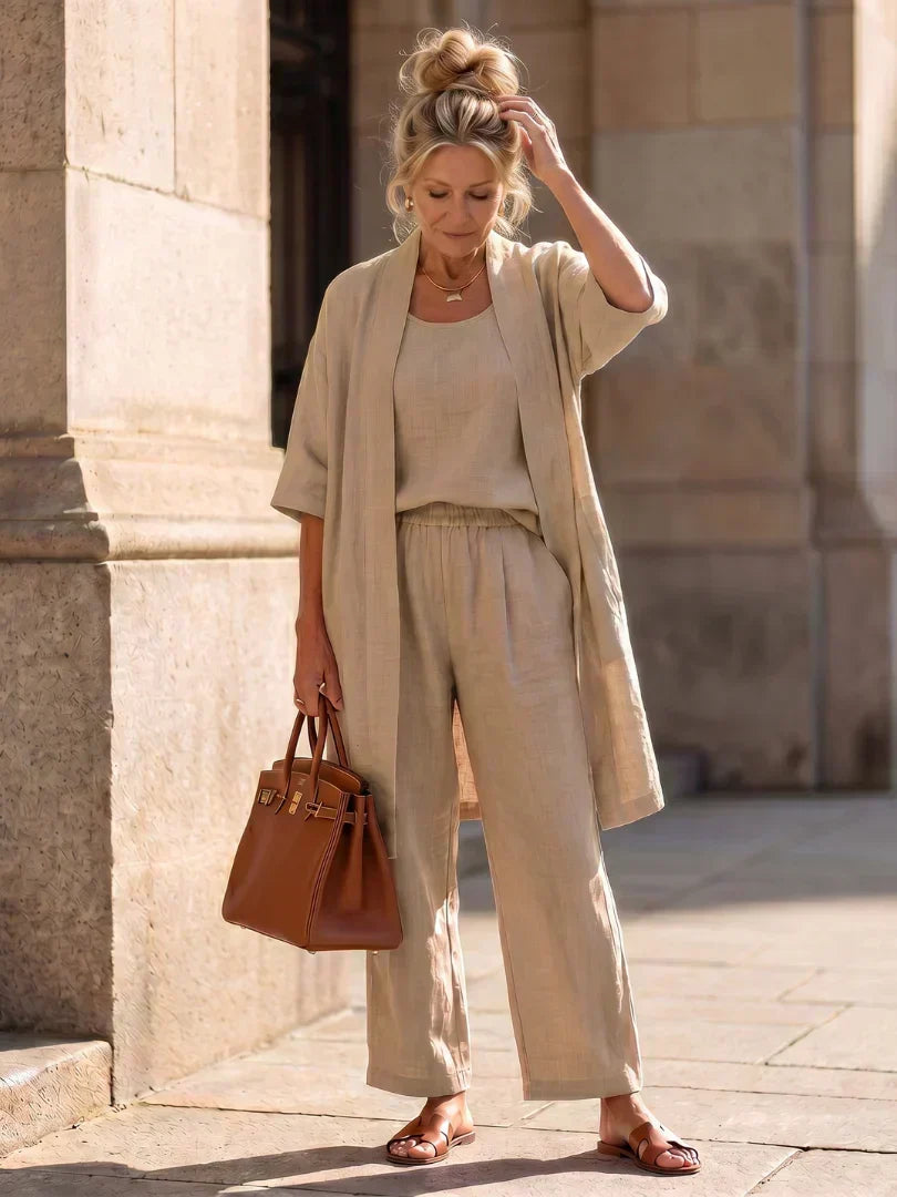 Light khaki 3-piece outfit set: scoop tank, wide-leg pants, and open kimono cardigan