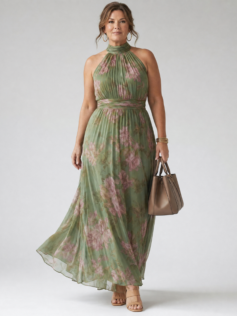 Floral gathered halter midi dress, green with pink flowers; cinched waist, flowing skirt.