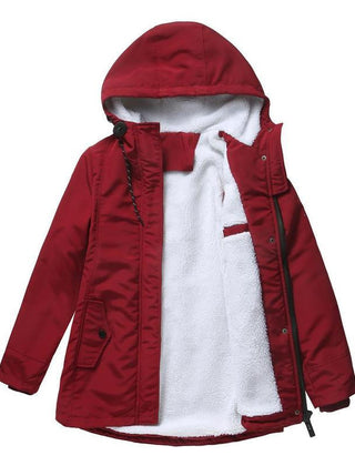 Thick winter coat with hood, red outer shell, sherpa-lined front with zipper