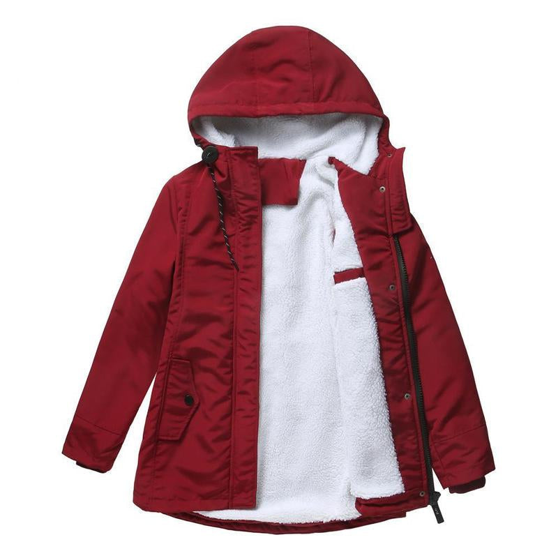 Thick winter coat with hood, red outer shell, sherpa-lined front with zipper