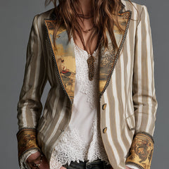 Khaki striped blazer with gold-tone buttons and ornate patterned trim at edges