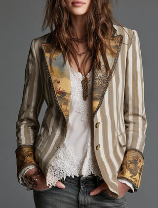 Khaki striped blazer with gold-tone buttons and ornate patterned trim at edges