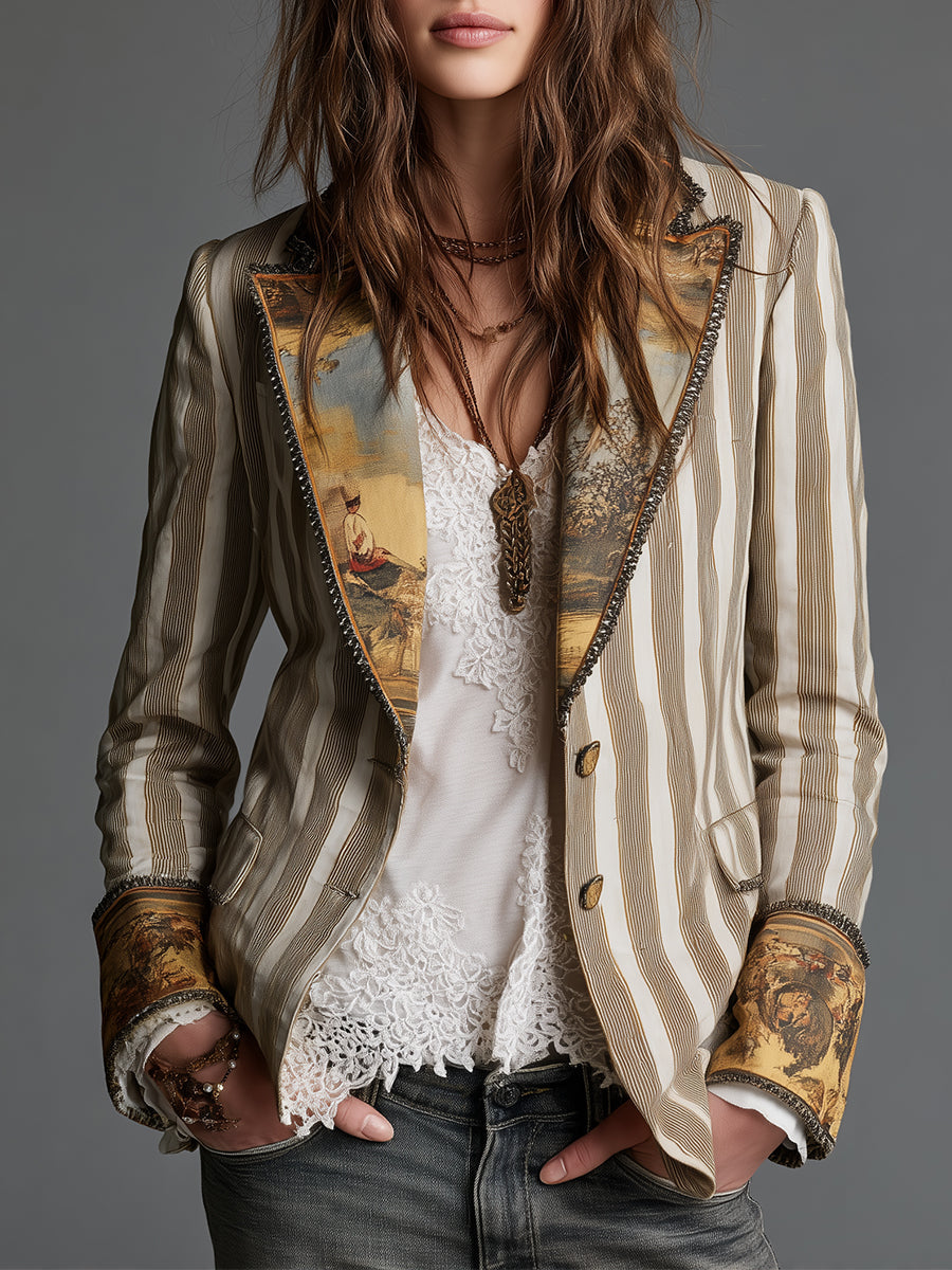 Khaki striped blazer with gold-tone buttons and ornate patterned trim at edges
