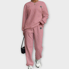Pink cable-knit casual set: round-neck long-sleeve top and matching jogger pants