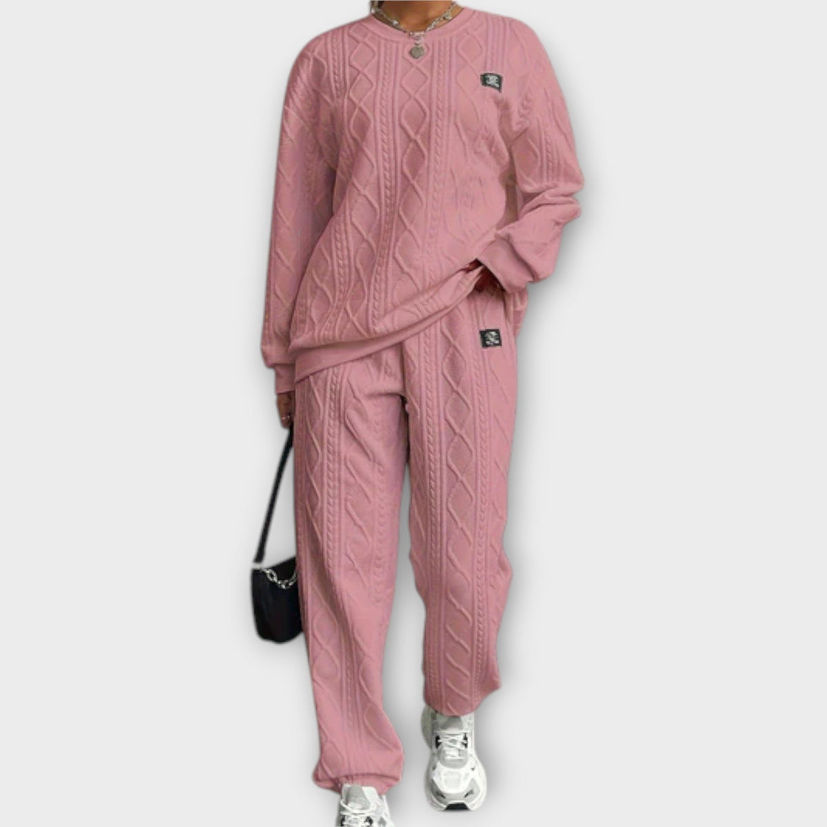 Pink cable-knit casual set: round-neck long-sleeve top and matching jogger pants