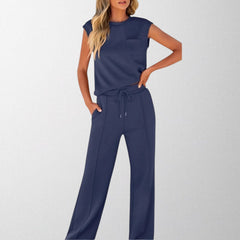 Navy blue sleeveless lounge co-ord set with pocket top and drawstring wide-leg pants