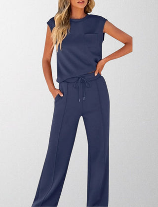 Navy blue sleeveless lounge co-ord set with pocket top and drawstring wide-leg pants