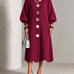 Burgundy knit button-front midi dress with round neck, puff sleeves, and gold buttons