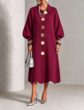 Burgundy knit button-front midi dress with round neck, puff sleeves, and gold buttons