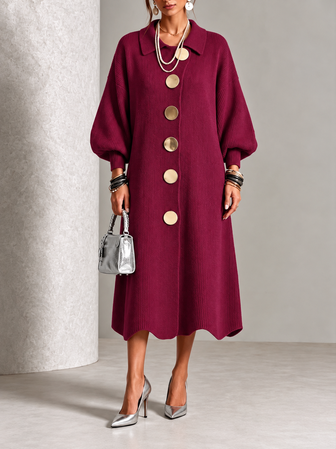 Burgundy knit button-front midi dress with round neck, puff sleeves, and gold buttons