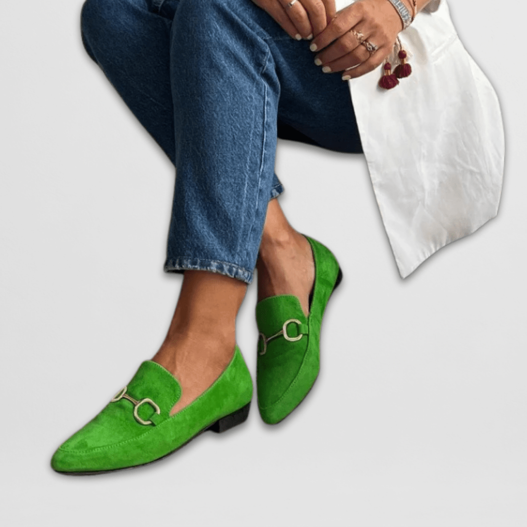 Green suede loafers with gold ring buckle detail