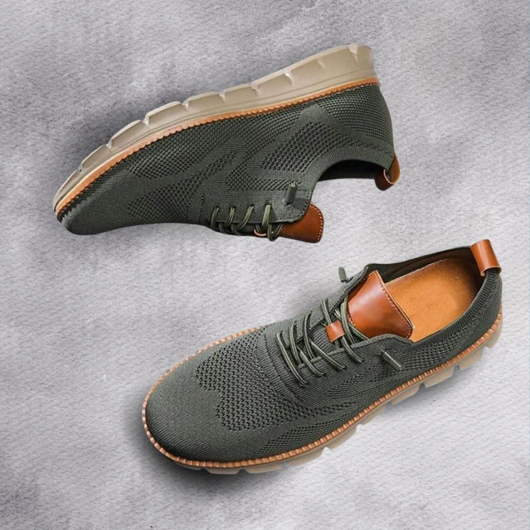 Olive green lace-up walking shoes with brown heel tab and textured cushioned sole