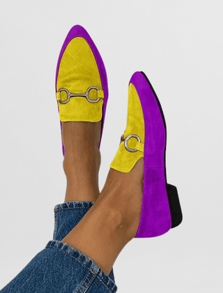 Two-tone loafers in yellow and purple with gold ring buckle detail