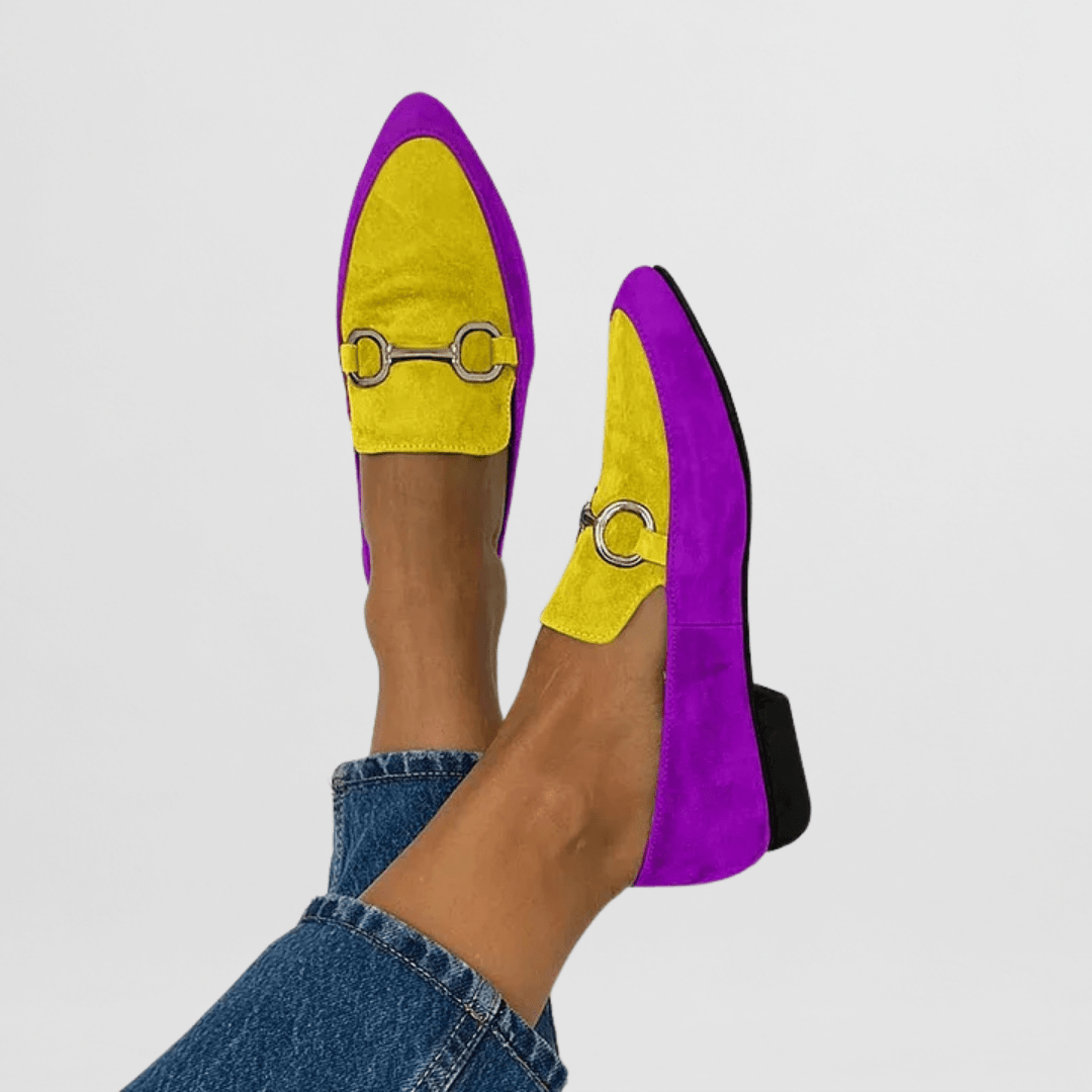 Two-tone loafers in yellow and purple with gold ring buckle detail