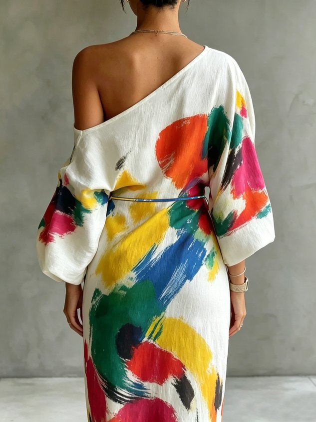 One-shoulder maxi dress back, white with multicolor abstract print and waist tie belt