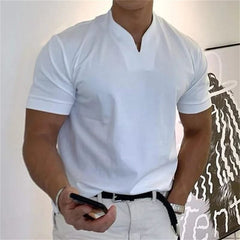 Men's short-sleeve V-neck fitness tee in white, with front button placket