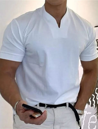 Men's short-sleeve V-neck fitness tee in white, with front button placket